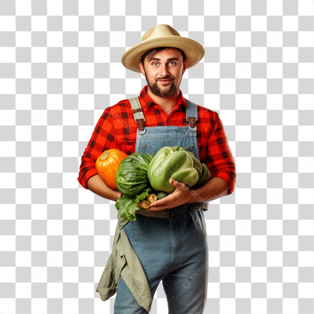 Produtor Rural Fazendeiro com Frutas e Legumes nas Mãos PNG Transparente
