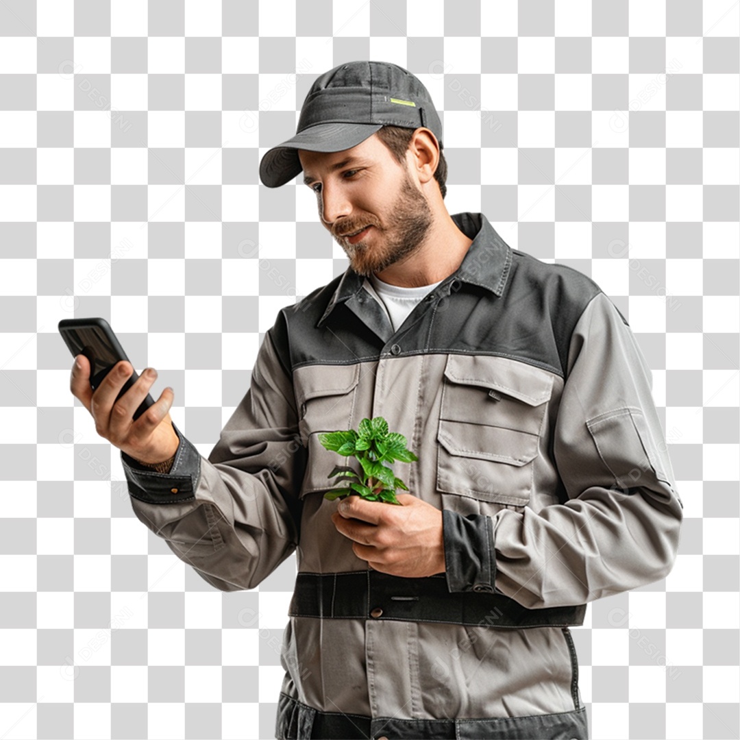 Homem com Muda de Planta e Celular nas Mãos PNG Transparente