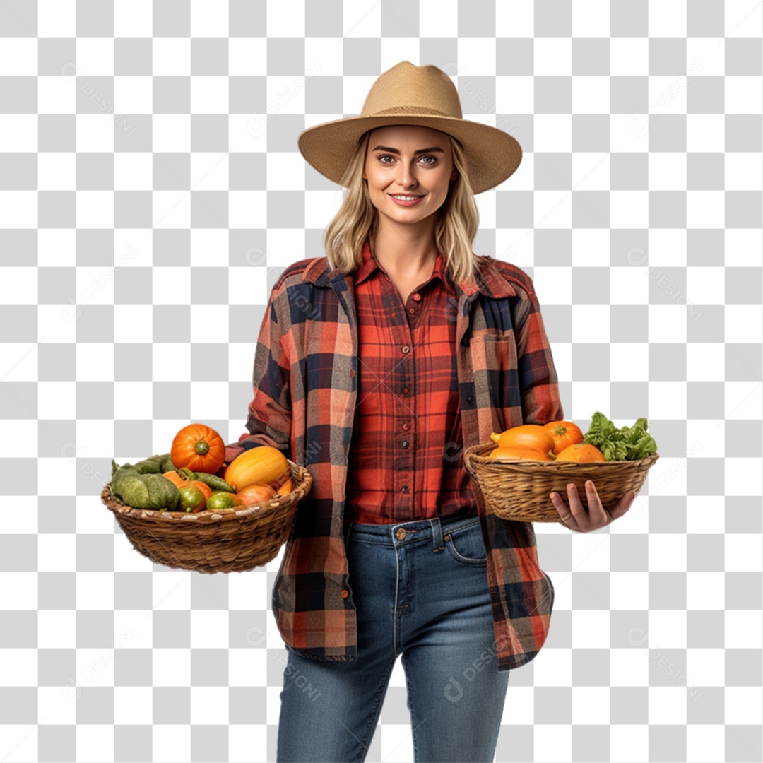 Mulher Fazendeira com Caixa de Frutas e Legumes nas Mãos PNG Transparente