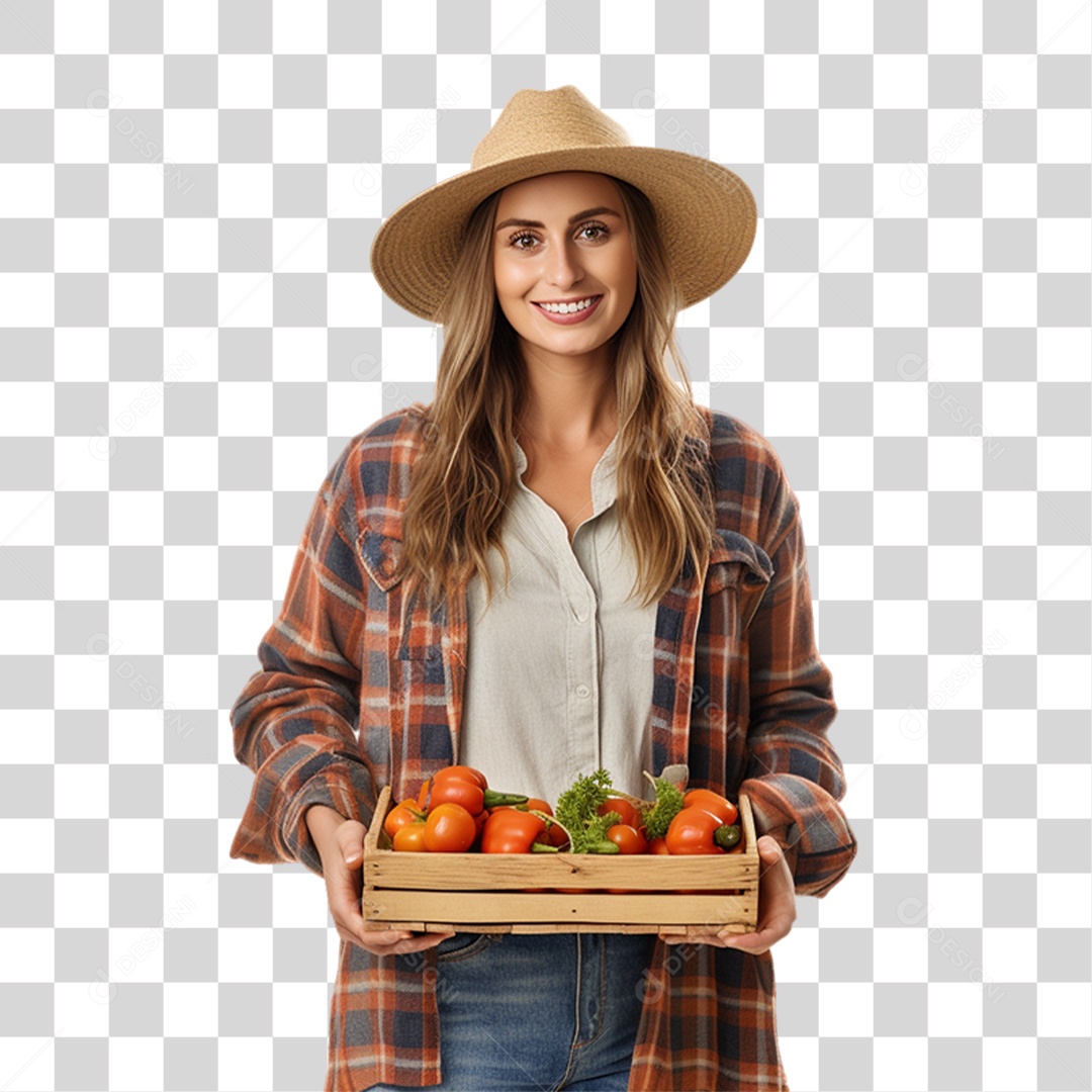 Mulher Fazendeira com Caixa de Frutas e Legumes nas Mãos PNG Transparente
