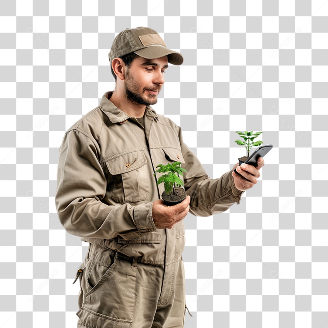 Homem com Muda de Planta e Celular nas Mãos PNG Transparente