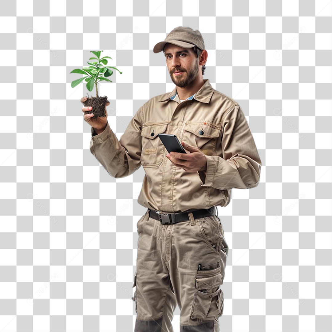 Homem com Muda de Planta e Celular nas Mãos PNG Transparente