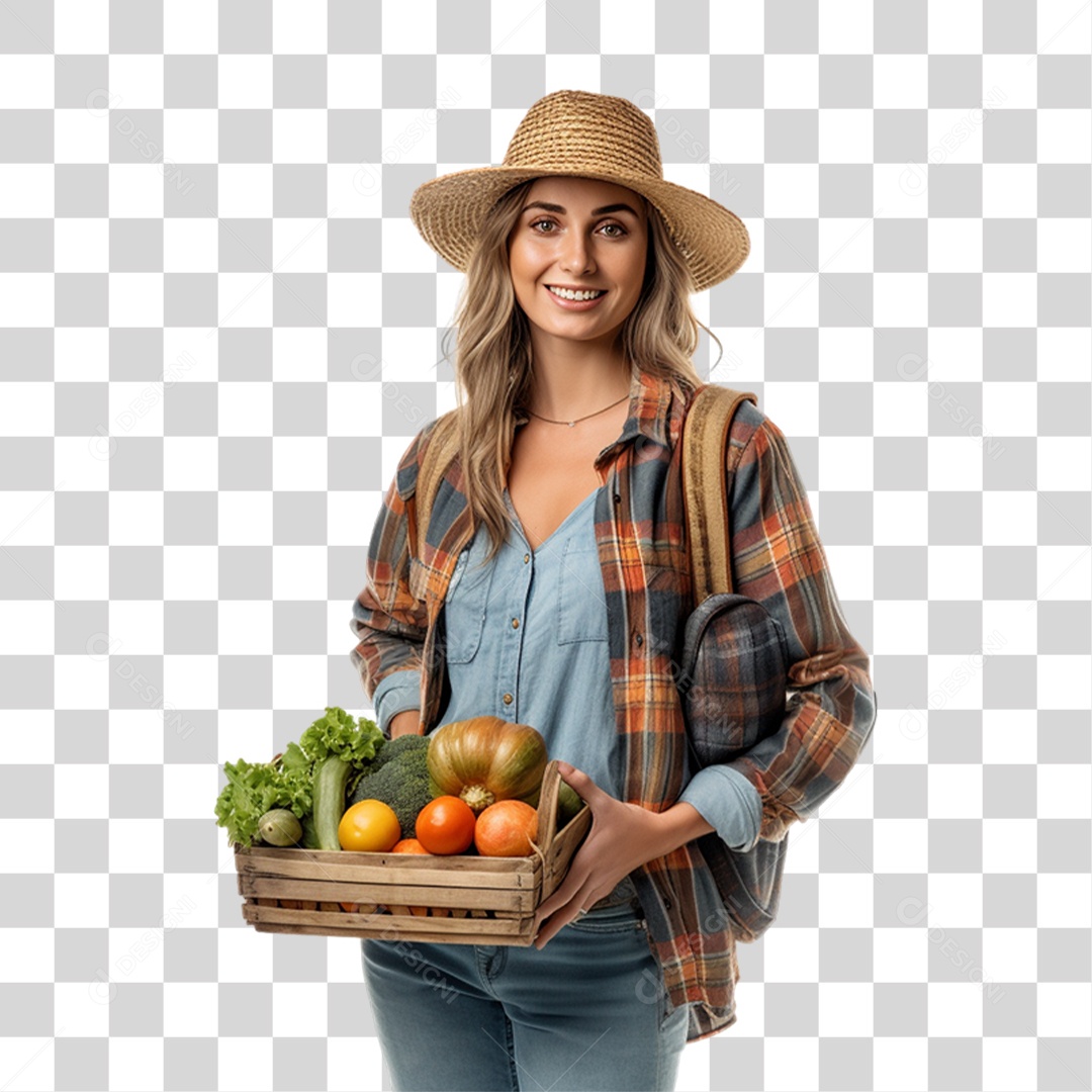 Mulher Fazendeira com Caixa de Frutas e Legumes nas Mãos PNG Transparente