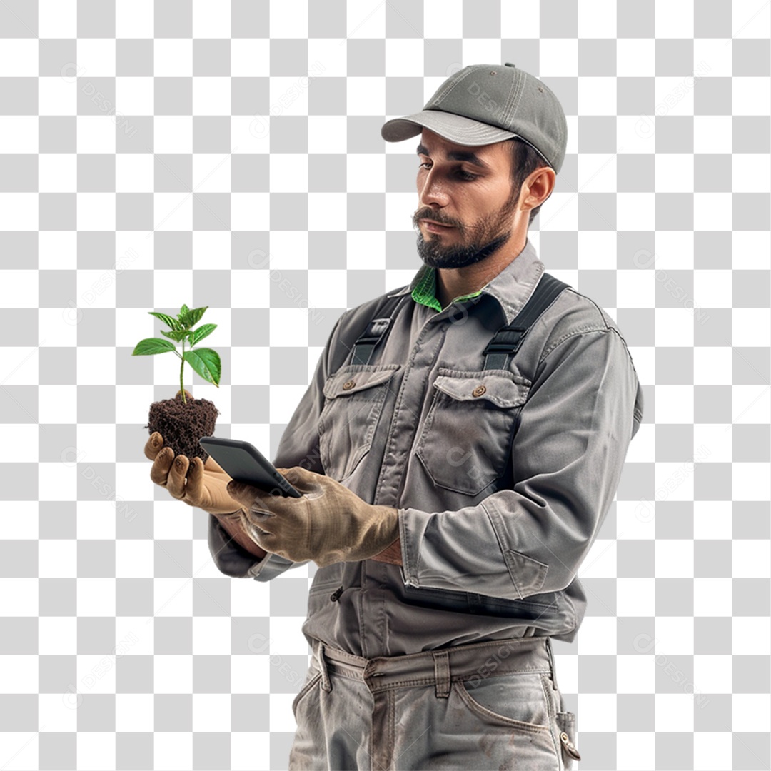 Homem com Muda de Planta e Celular nas Mãos PNG Transparente