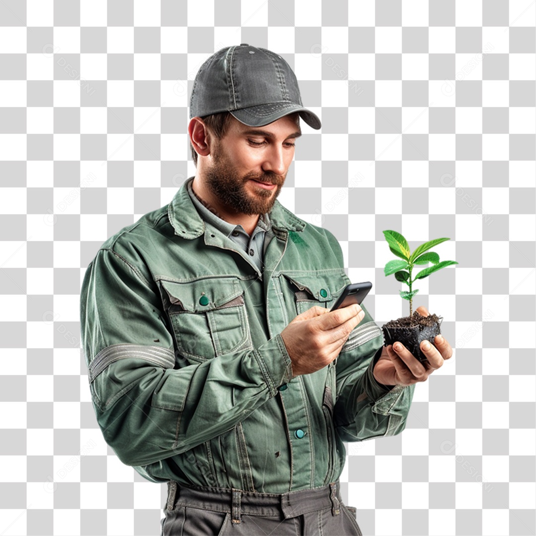 Homem com Muda de Planta e Celular nas Mãos PNG Transparente