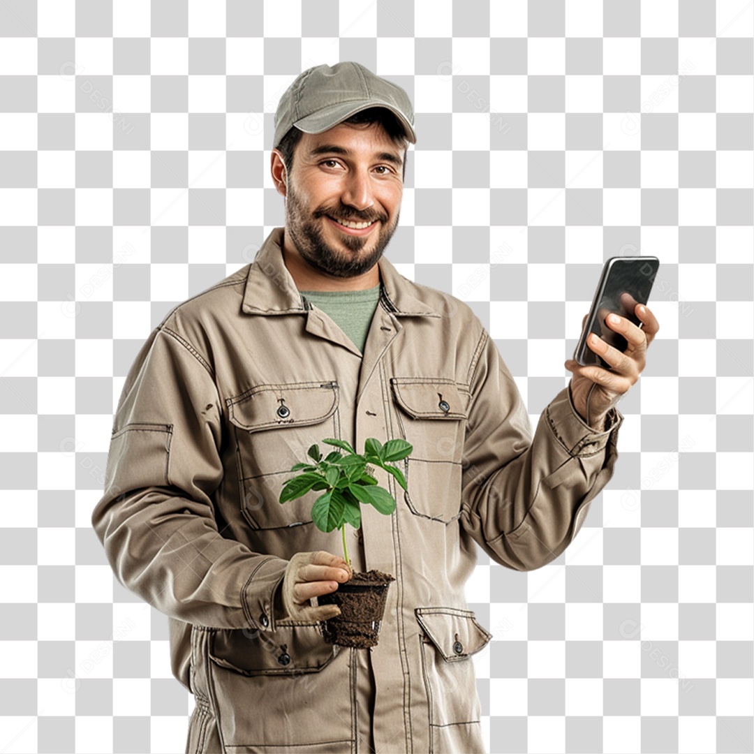 Homem com Muda de Planta e Celular nas Mãos PNG Transparente