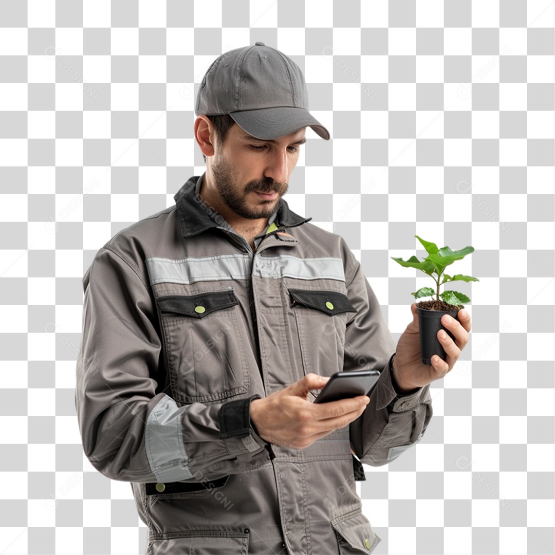 Homem com Muda de Planta e Celular nas Mãos PNG Transparente