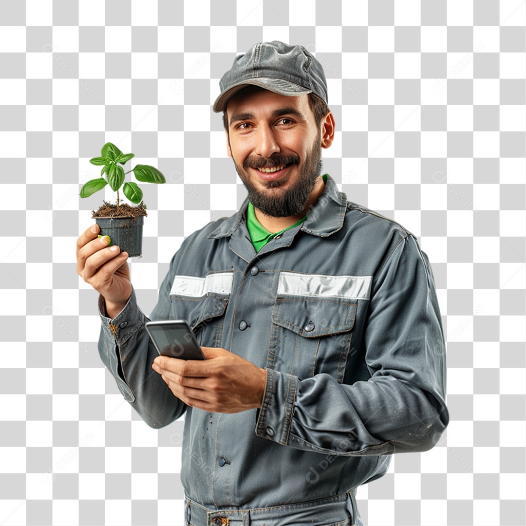 Homem com Muda de Planta e Celular nas Mãos PNG Transparente