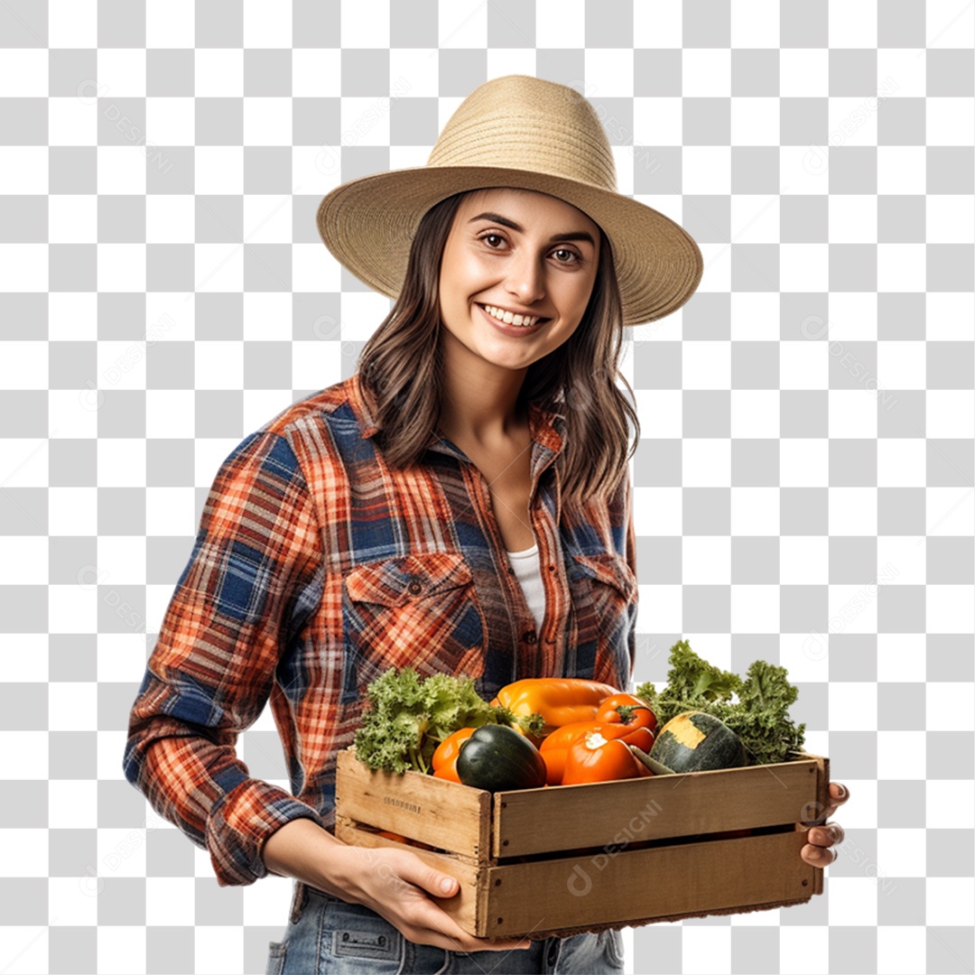 Mulher Fazendeira com Frutas e Legumes nas Mãos PNG Transparente
