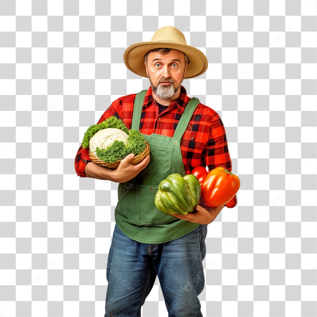 Produtor Rural Fazendeiro com Frutas e Legumes nas Mãos PNG Transparente