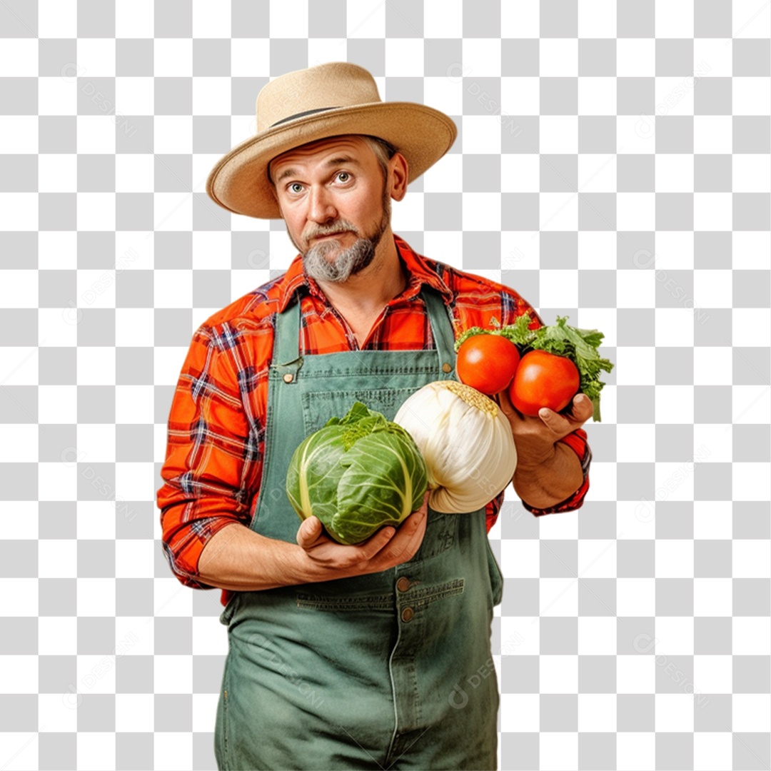 Produtor Rural Fazendeiro com Frutas e Legumes nas Mãos PNG Transparente