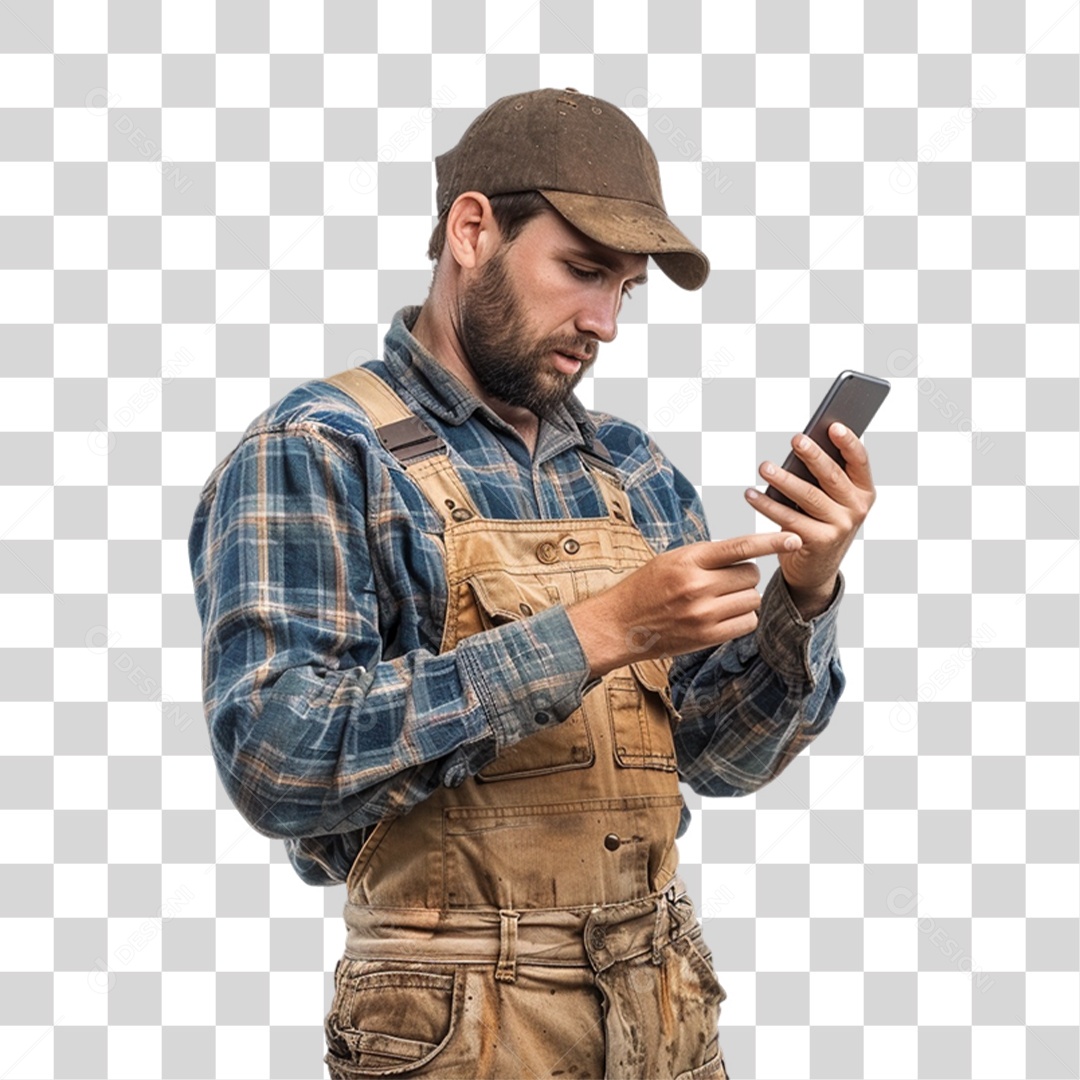 Produtor Rural Fazendeiro com Celular nas Mãos PNG Transparente