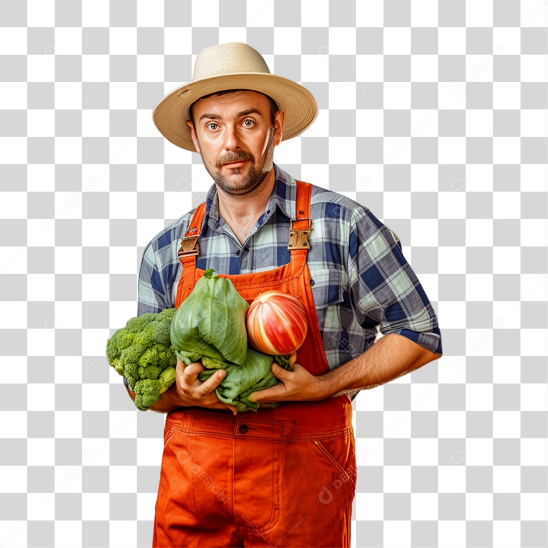 Produtor Rural Fazendeiro com Frutas e Legumes nas Mãos PNG Transparente