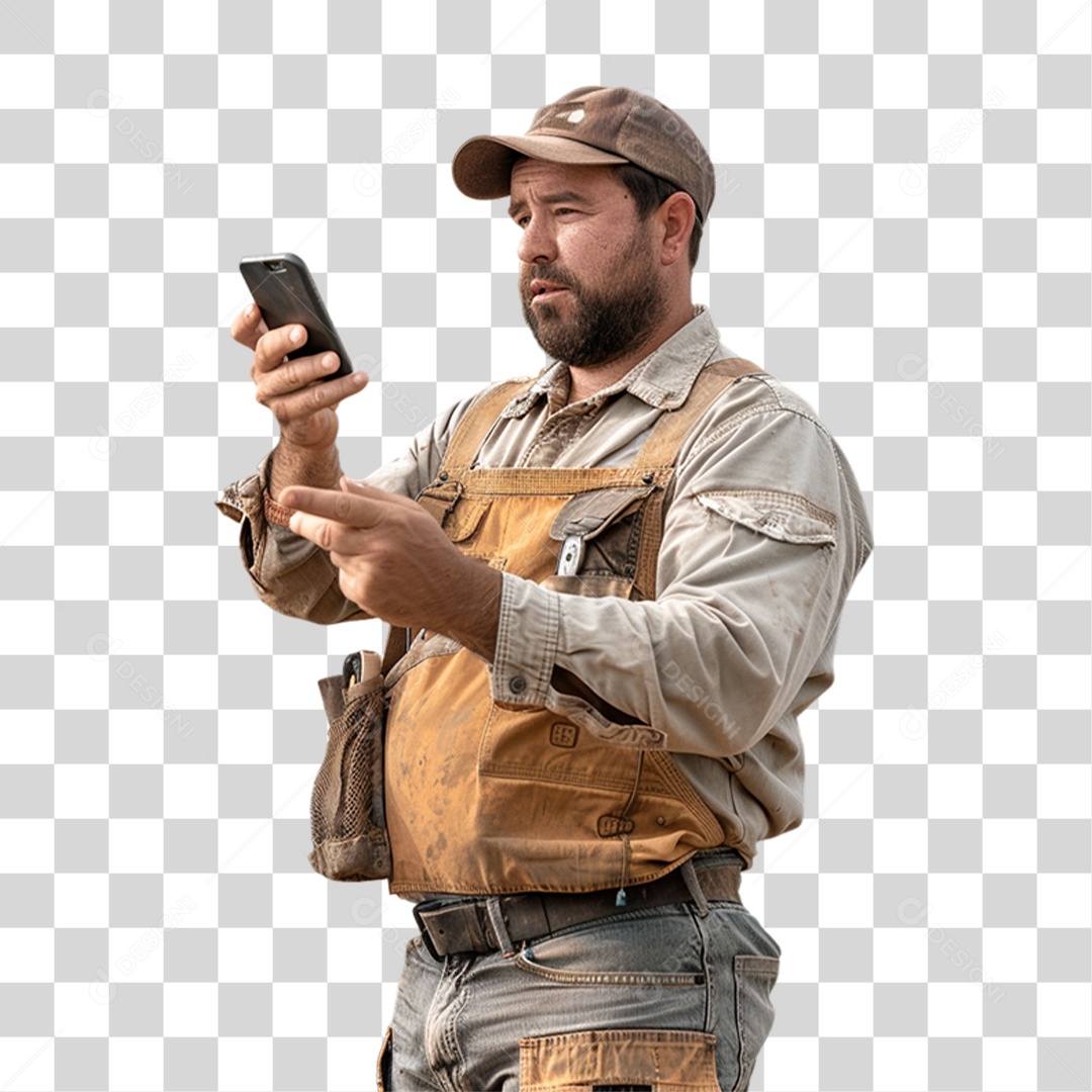 Produtor Rural Fazendeiro com Celular nas Mãos PNG Transparente