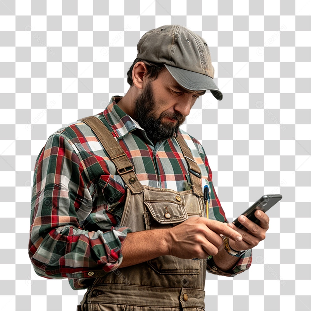 Produtor Rural Fazendeiro com Celular nas Mãos PNG Transparente