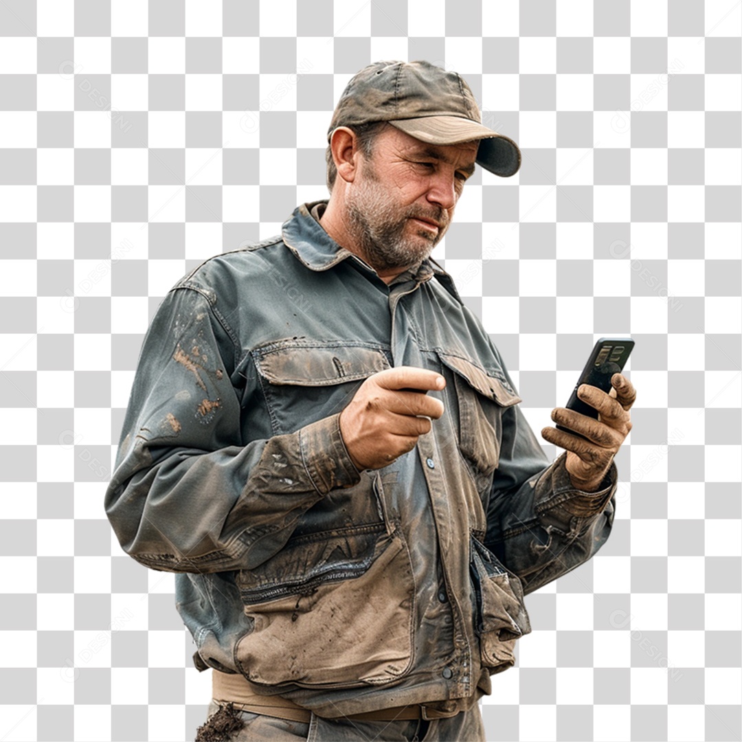 Produtor Rural Fazendeiro com Celular nas Mãos PNG Transparente