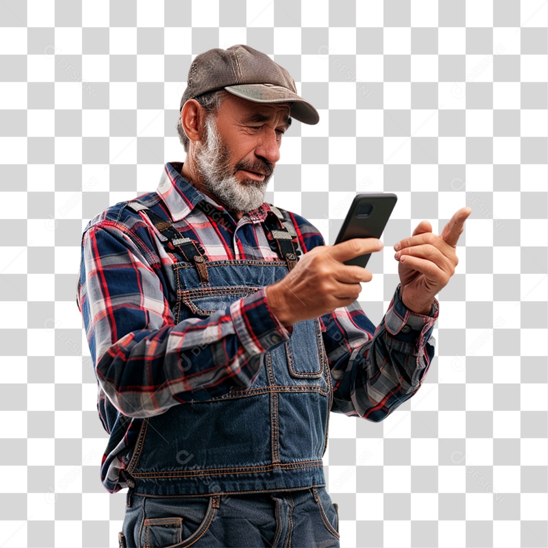 Produtor Rural Fazendeiro com Celular nas Mãos PNG Transparente