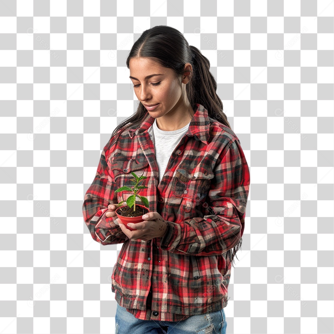 Mulher Fazendeira com Planta nas Mãos PNG Transparente