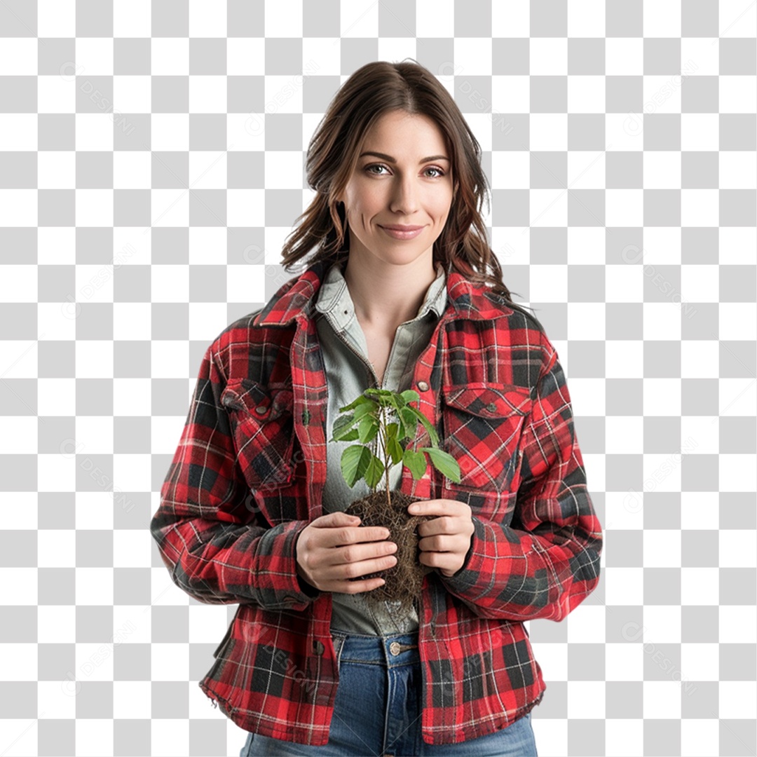 Mulher Fazendeira com Planta nas Mãos PNG Transparente