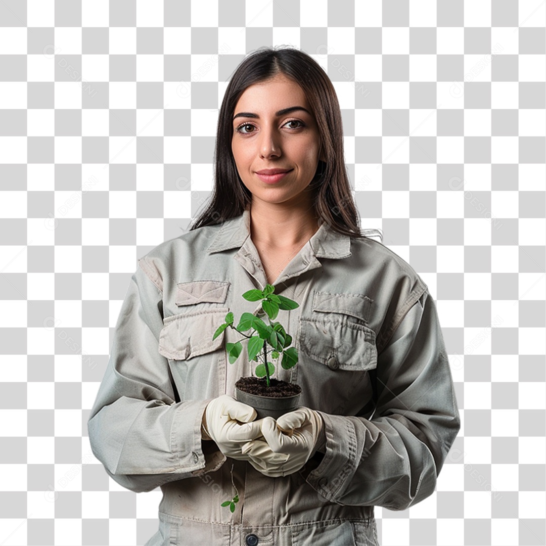 Mulher Fazendeira com Planta nas Mãos PNG Transparente