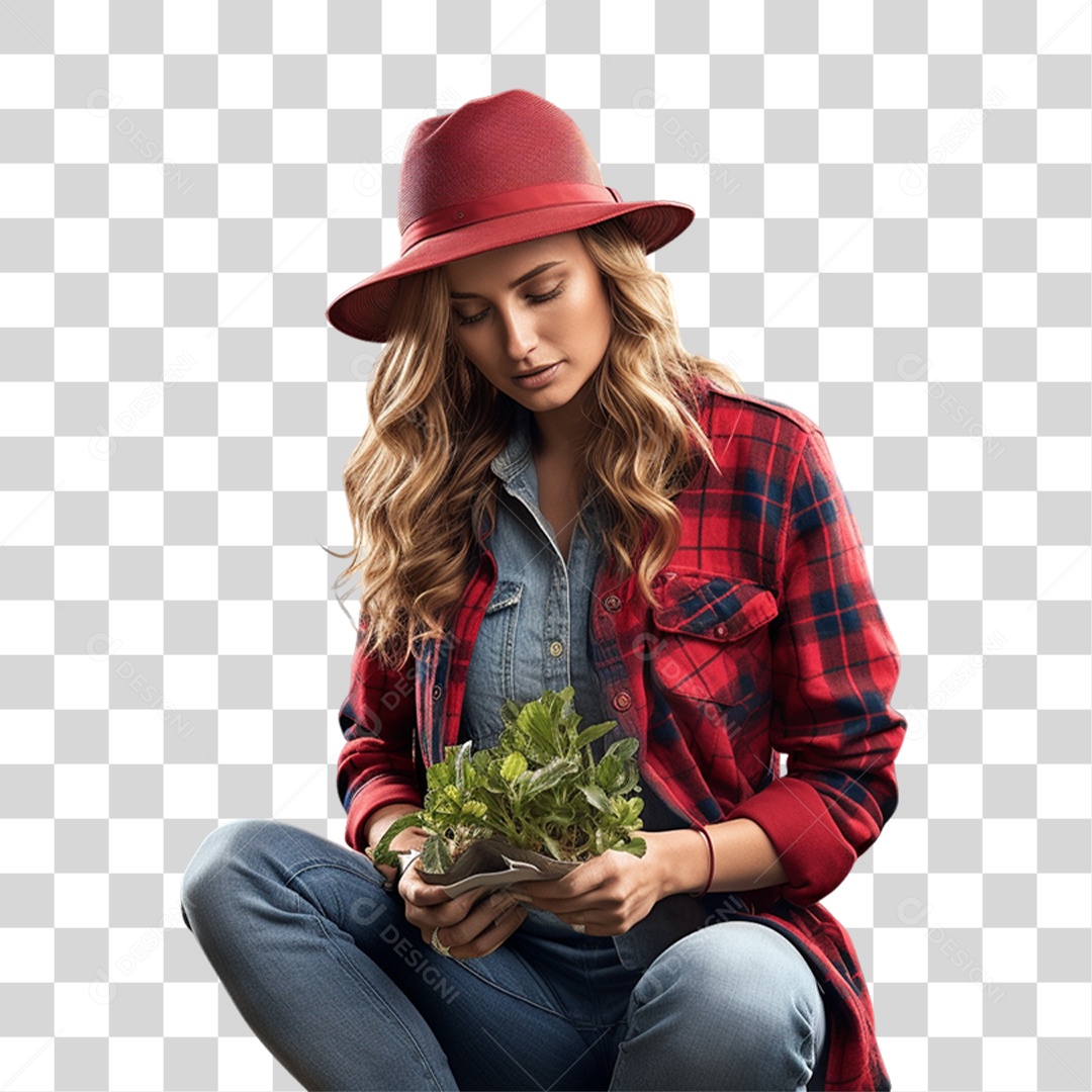Mulher Fazendeira com Planta nas Mãos PNG Transparente