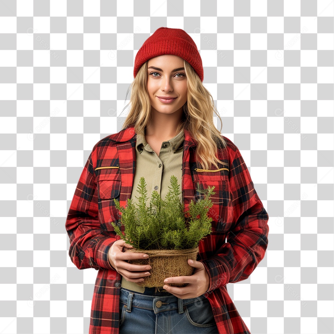 Mulher Fazendeira com Planta nas Mãos PNG Transparente