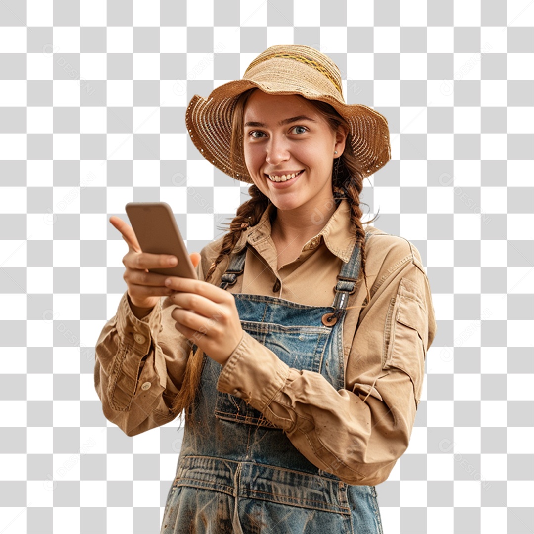 Produtor Rural com Celular nas Mãos Fazendeira PNG Transparente