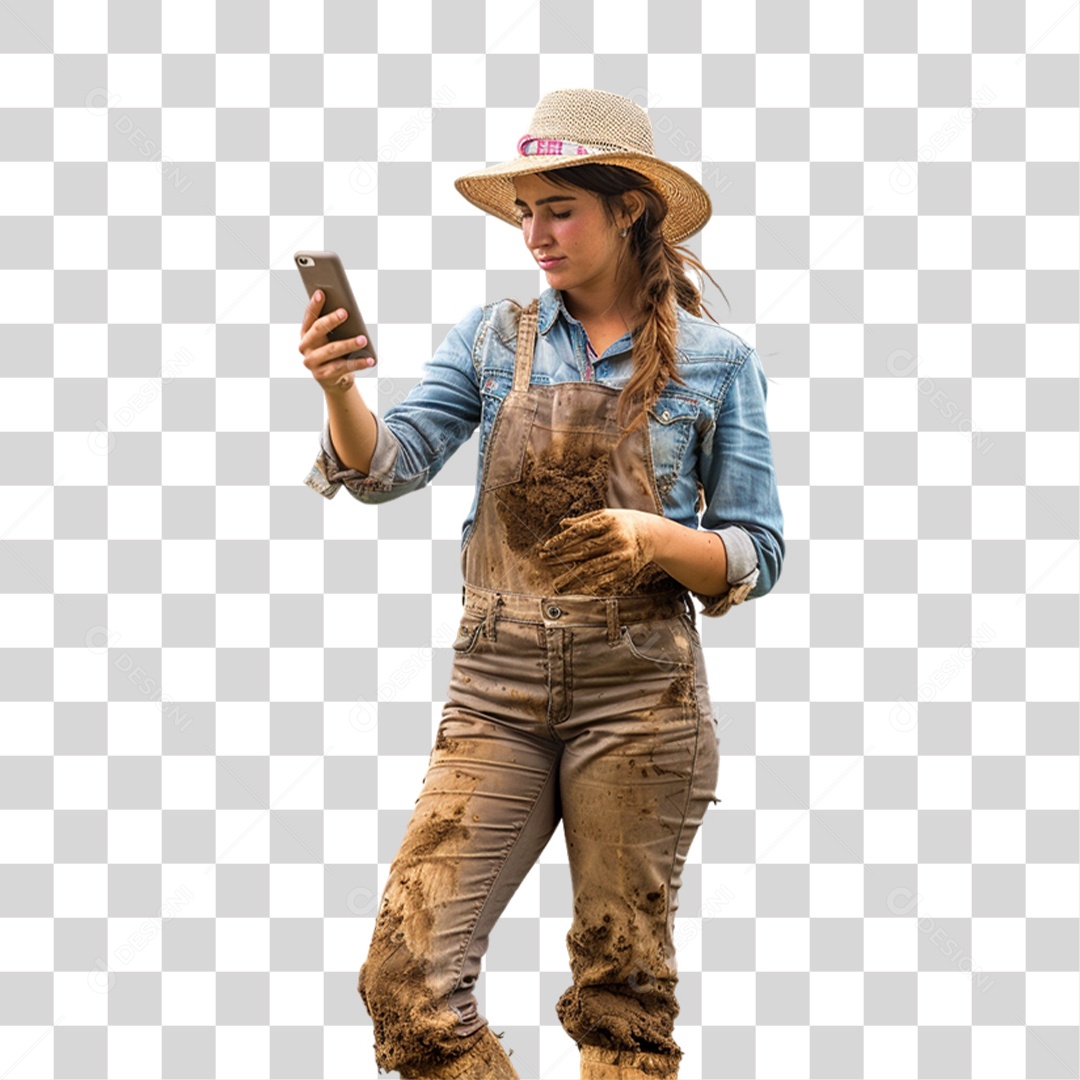 Produtor Rural com Celular nas Mãos Fazendeira PNG Transparente