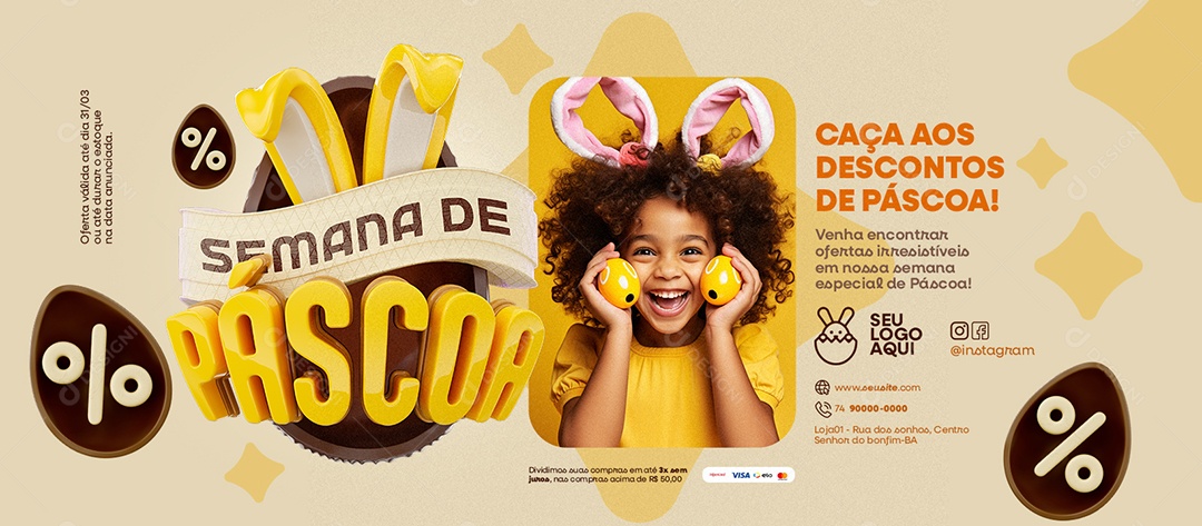 Banner Semana de Páscoa Supermercado Caça aos Descontos Social Media PSD Editável