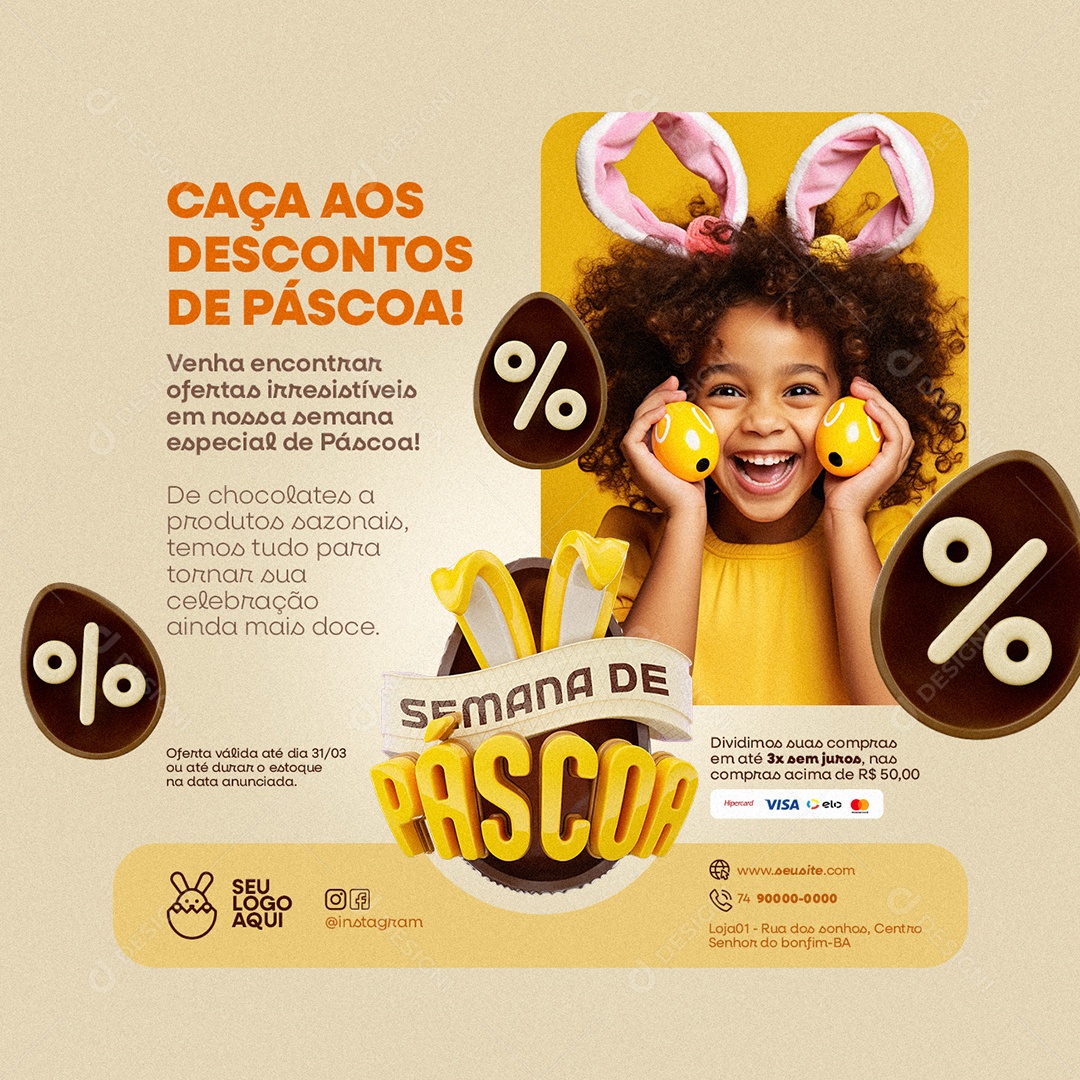 Semana de Páscoa Supermercado Caça aos Descontos de Páscoa Social Media PSD Editável