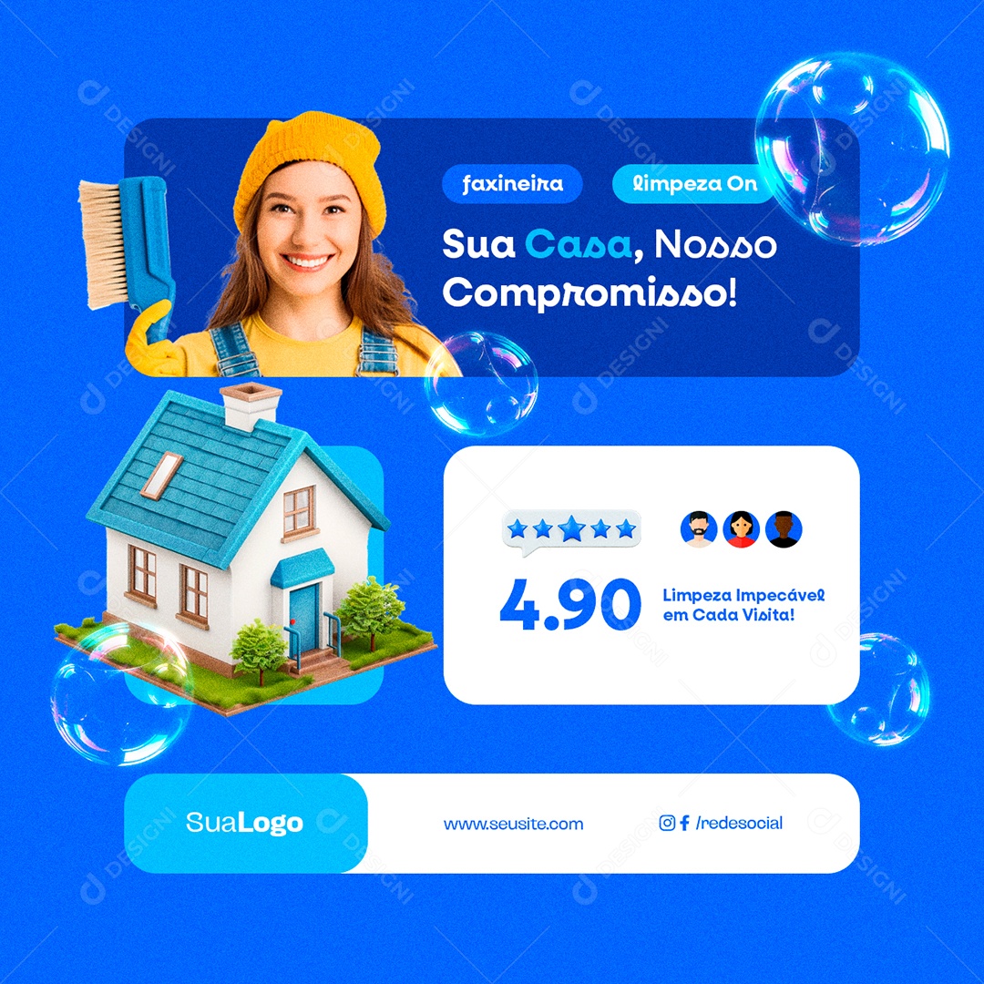 Faxineira Sua Casa Nosso Compromisso Limpeza Impecável Social Media PSD Editável