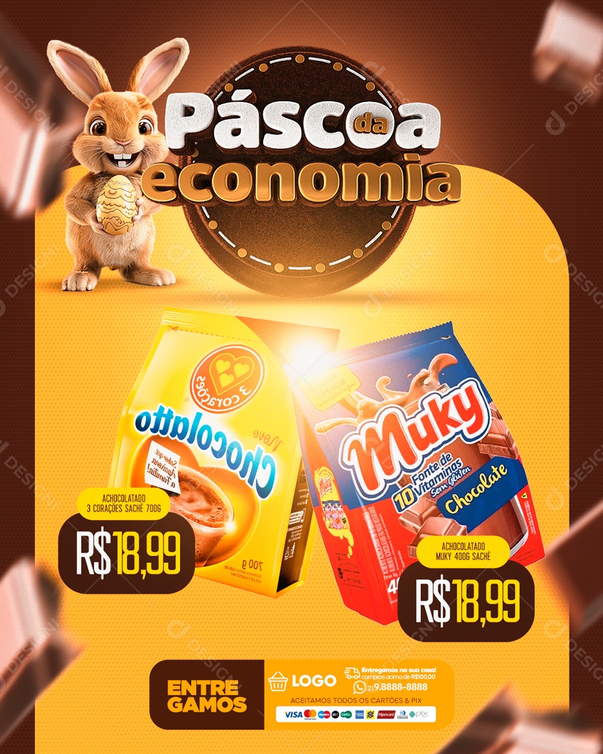 Páscoa da Economia Achocolatado 3 Corações Saché 18,99 Social Media PSD Editável