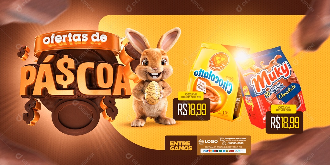 Banner Ofertas de Páscoa Achocolatado 3 Corações Saché 18,99 Social Media PSD Editável