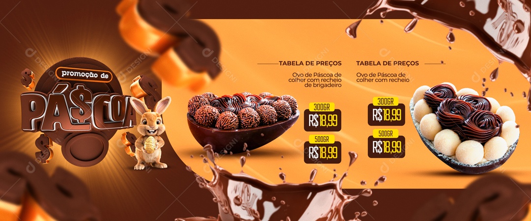 Banner Promoção de Páscoa Tabela de Preço Ovo de Colher com Recheios Social Media PSD Editável