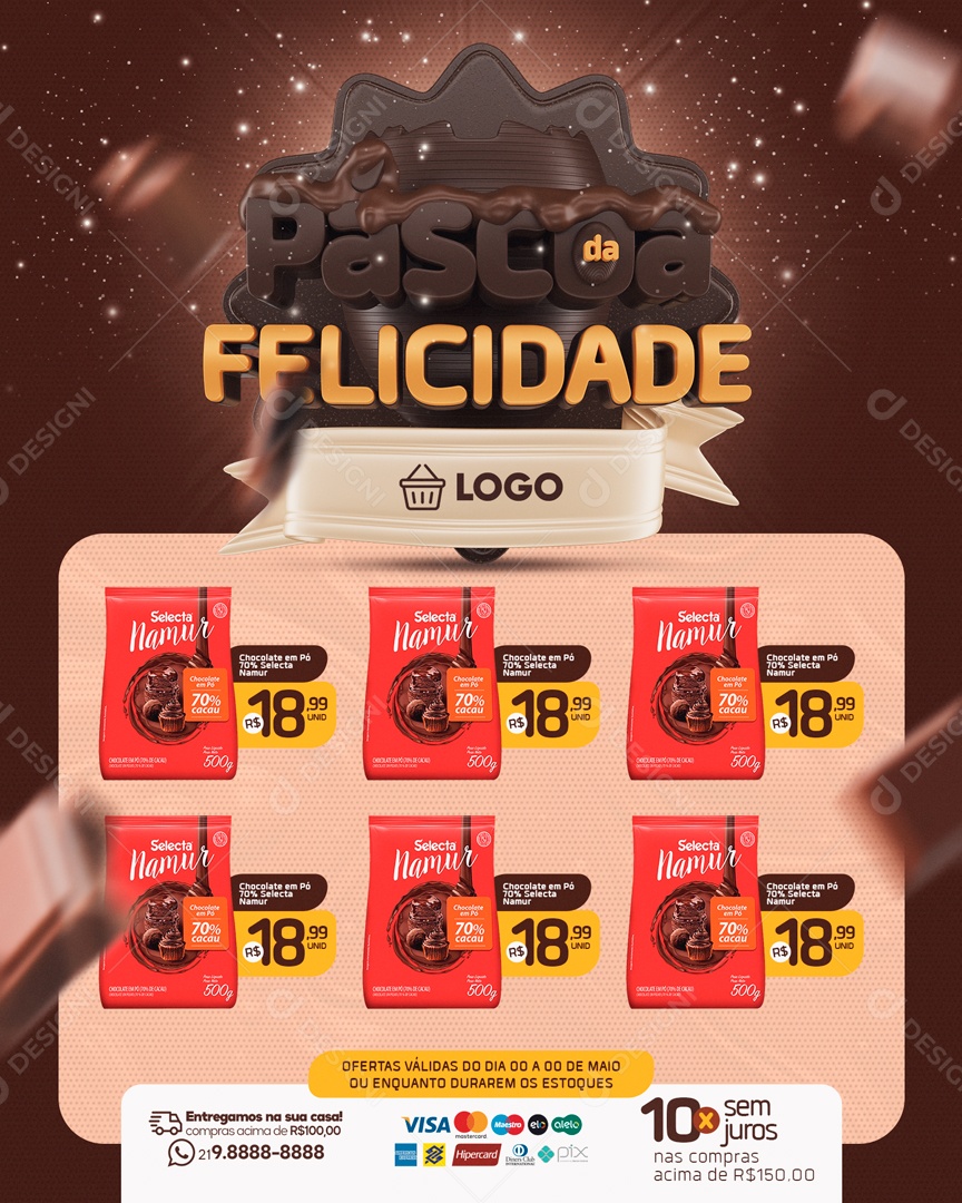 Páscoa da Felicidade Chocolate em Pó 70% Selecta Namur Social Media PSD Editável