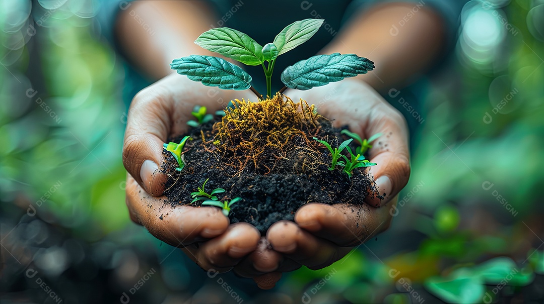 Mãos com terra e muda de planta