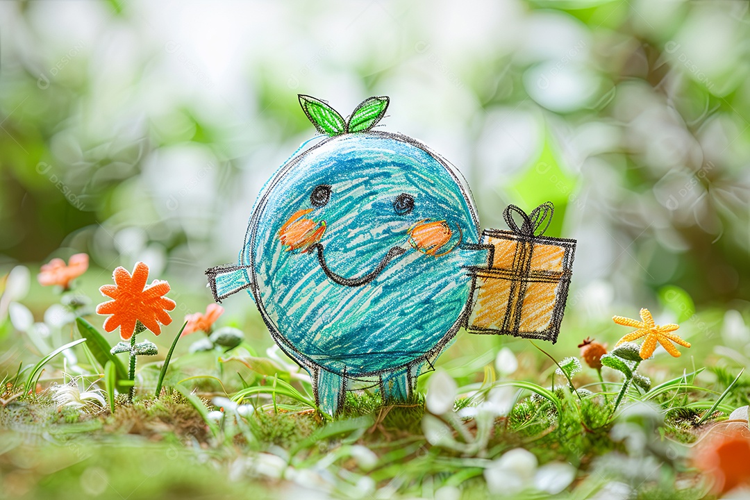 Rabisco de uma terra fofa com um rosto distribuindo um pacote em um parque