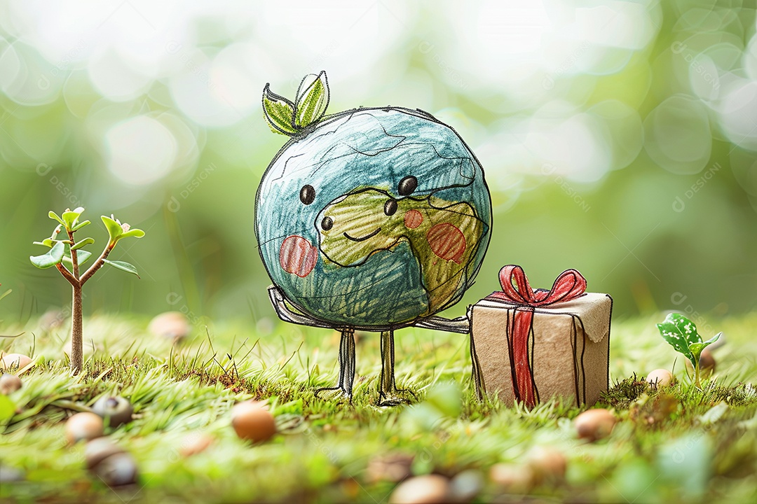 Rabisco de uma terra fofa com um rosto distribuindo um pacote em um parque