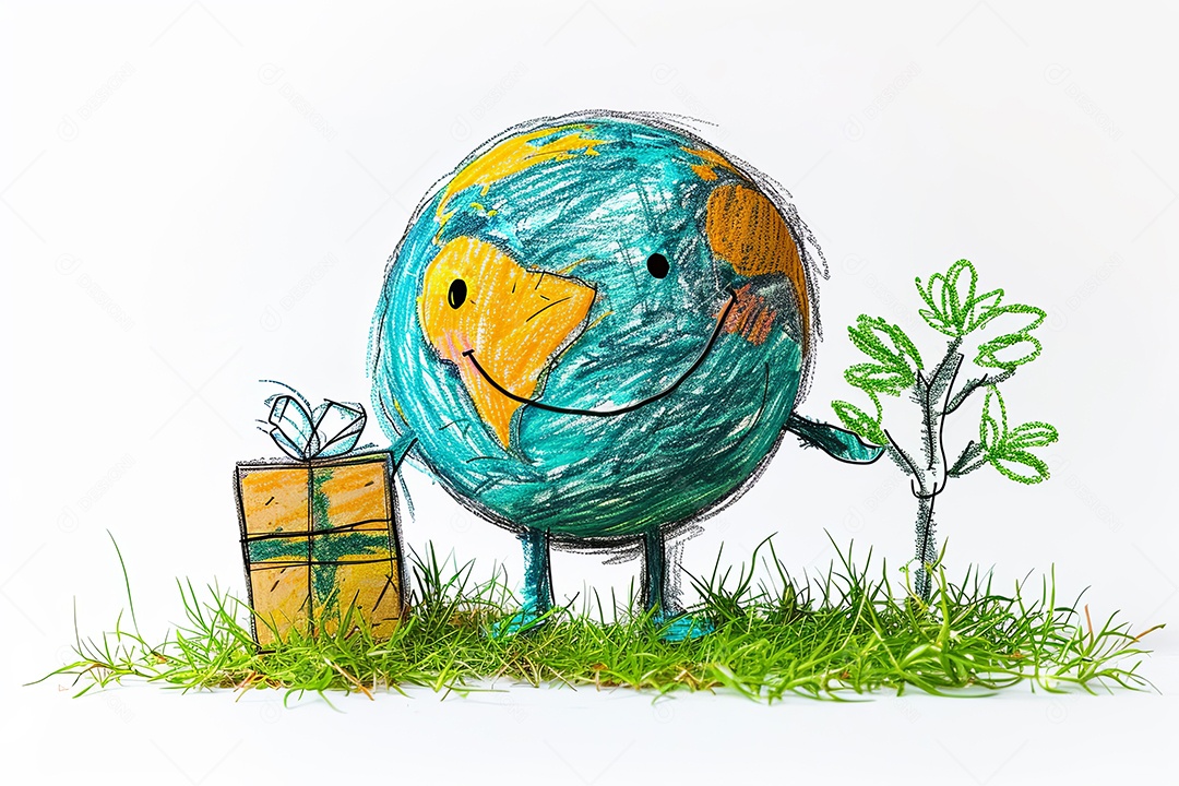 Rabisco de uma terra fofa com um rosto distribuindo um pacote em um parque