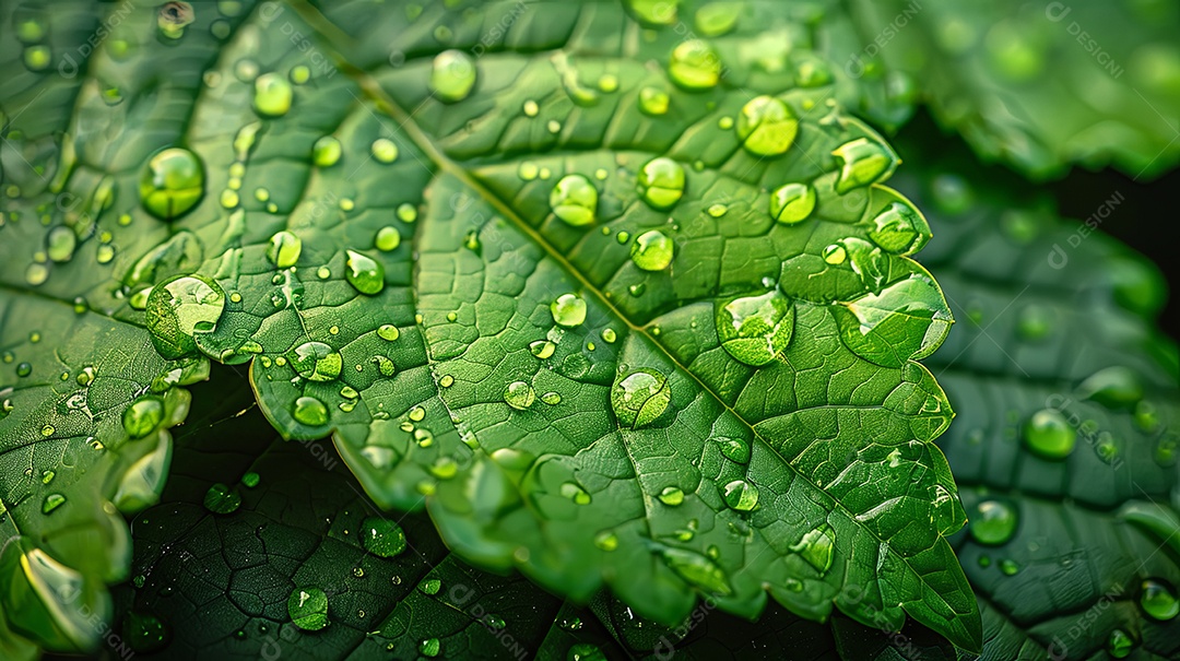 Essência de Vitalidade Gotas de Água em uma Folha Exuberante