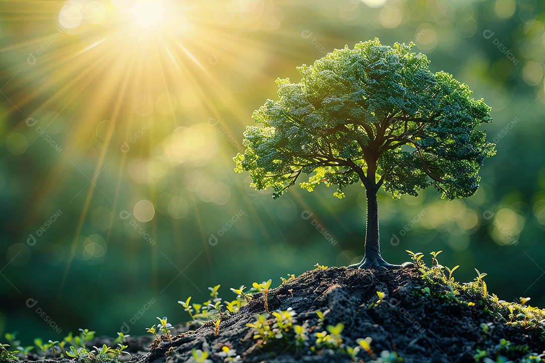 Mão segurando uma grande árvore crescendo em fundo verde com sol