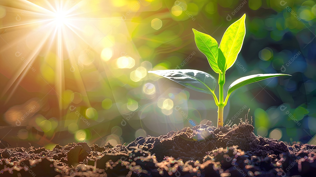 Planta cresce do solo à luz do sol rodeada de terra