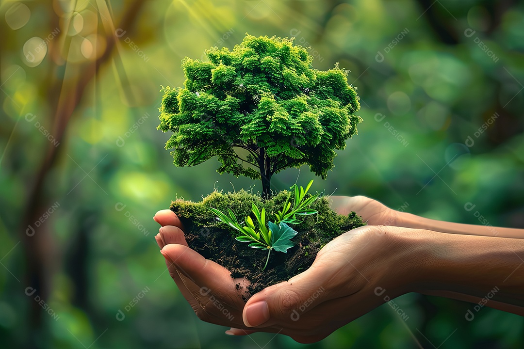 Mãos segurando mini árvore conceito de sustentabilidade
