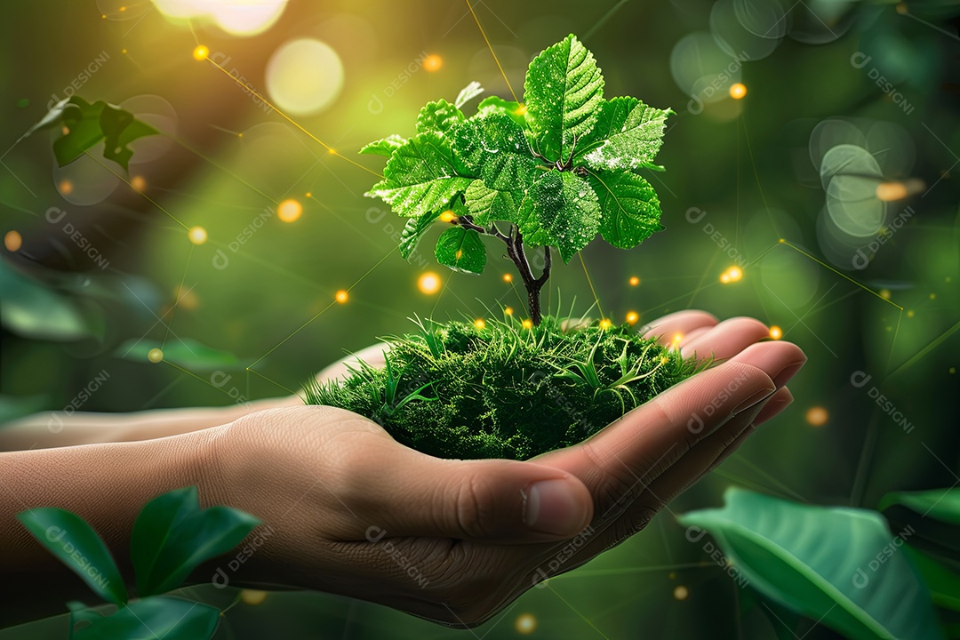 Mãos segurando muda conceito de sustentabilidade