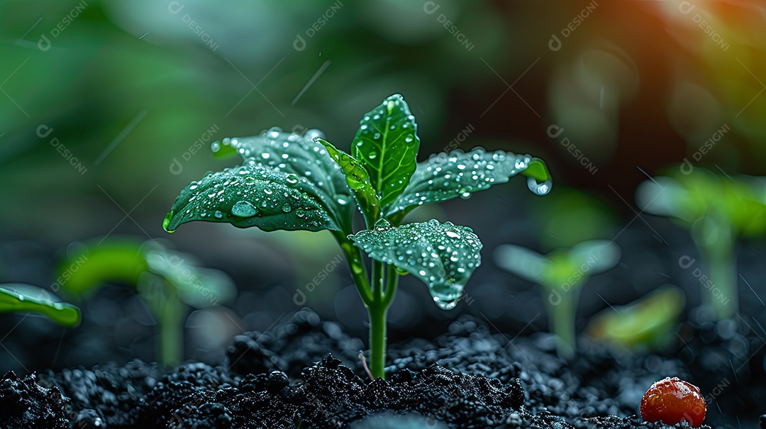 Imagem real da irrigação por gotejamento em uma única planta no jardim