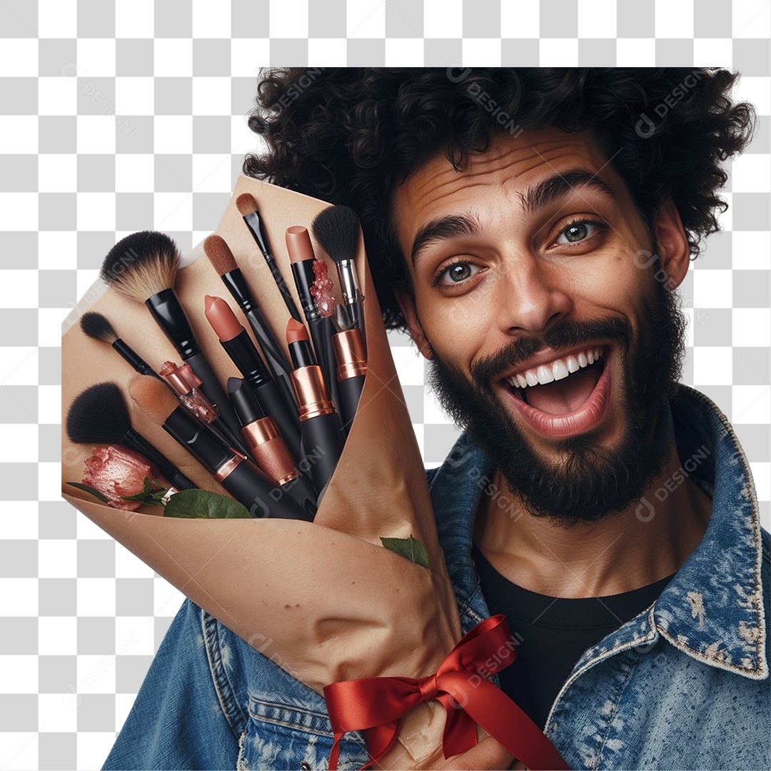 Homem Segurando Buquê de Pinceis para Maquiagem PNG Transparente