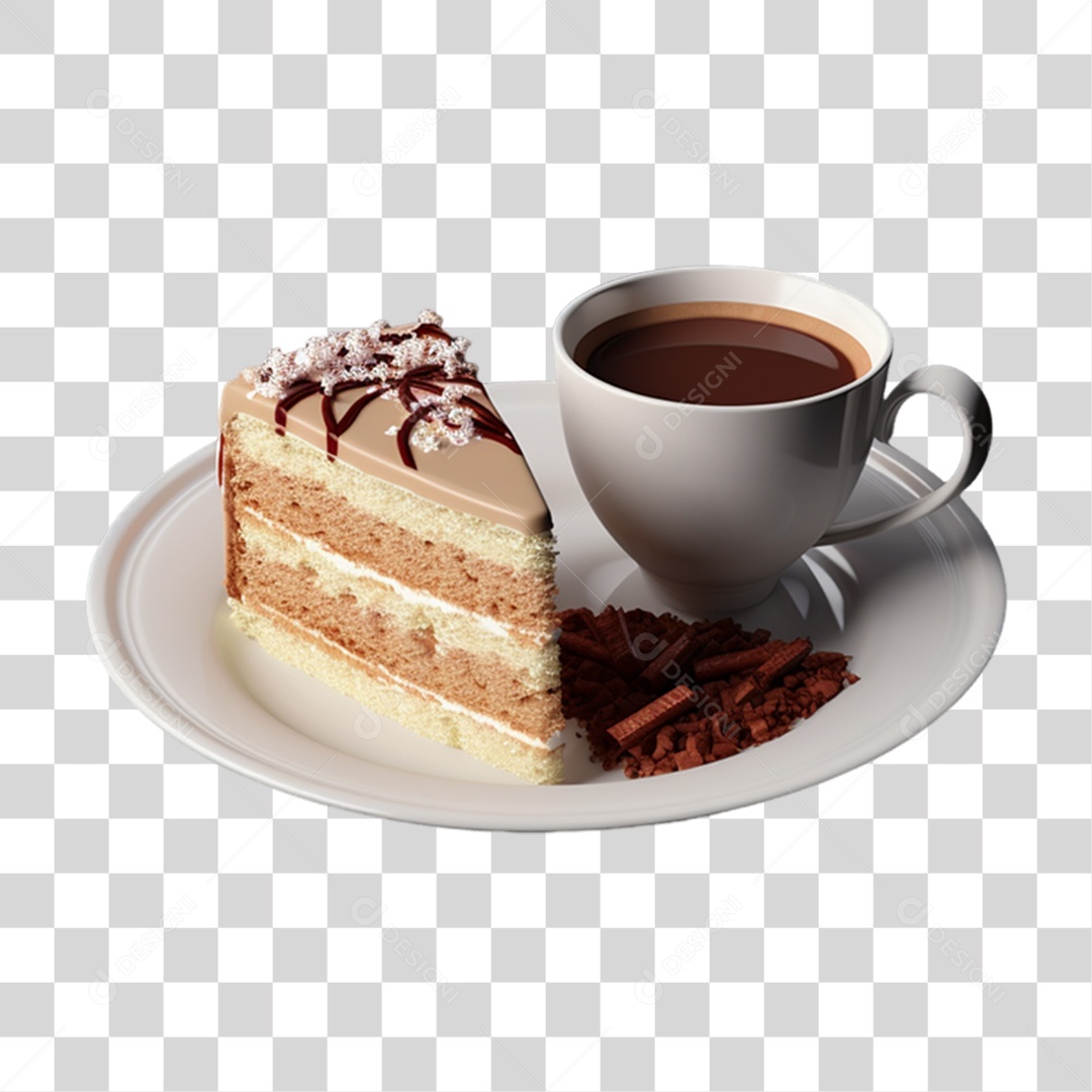 Café da Manhã Xícara com Pedaço de Bolo PNG Transparente