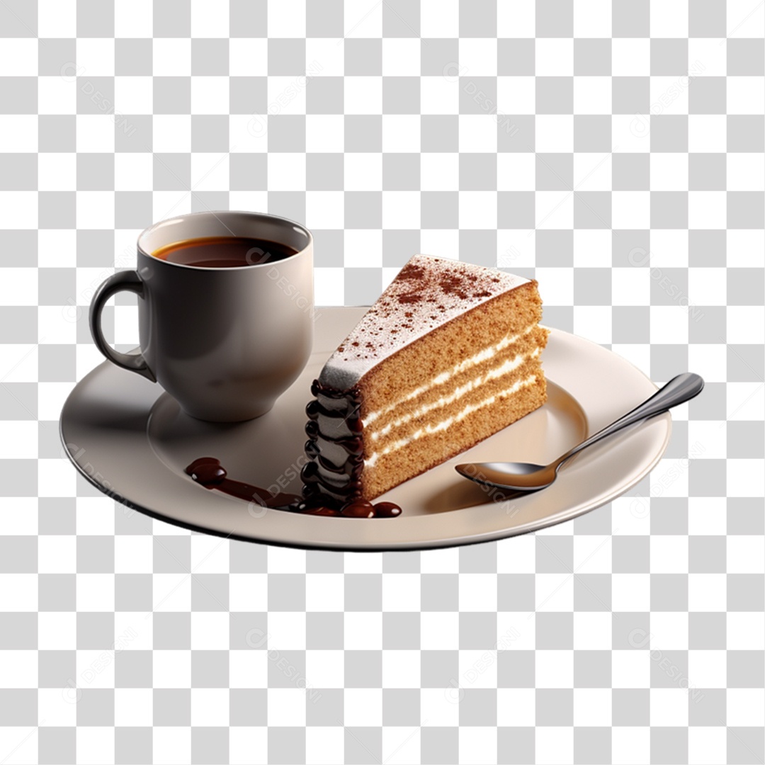 Café da Manhã Xícara com Pedaço de Bolo PNG Transparente