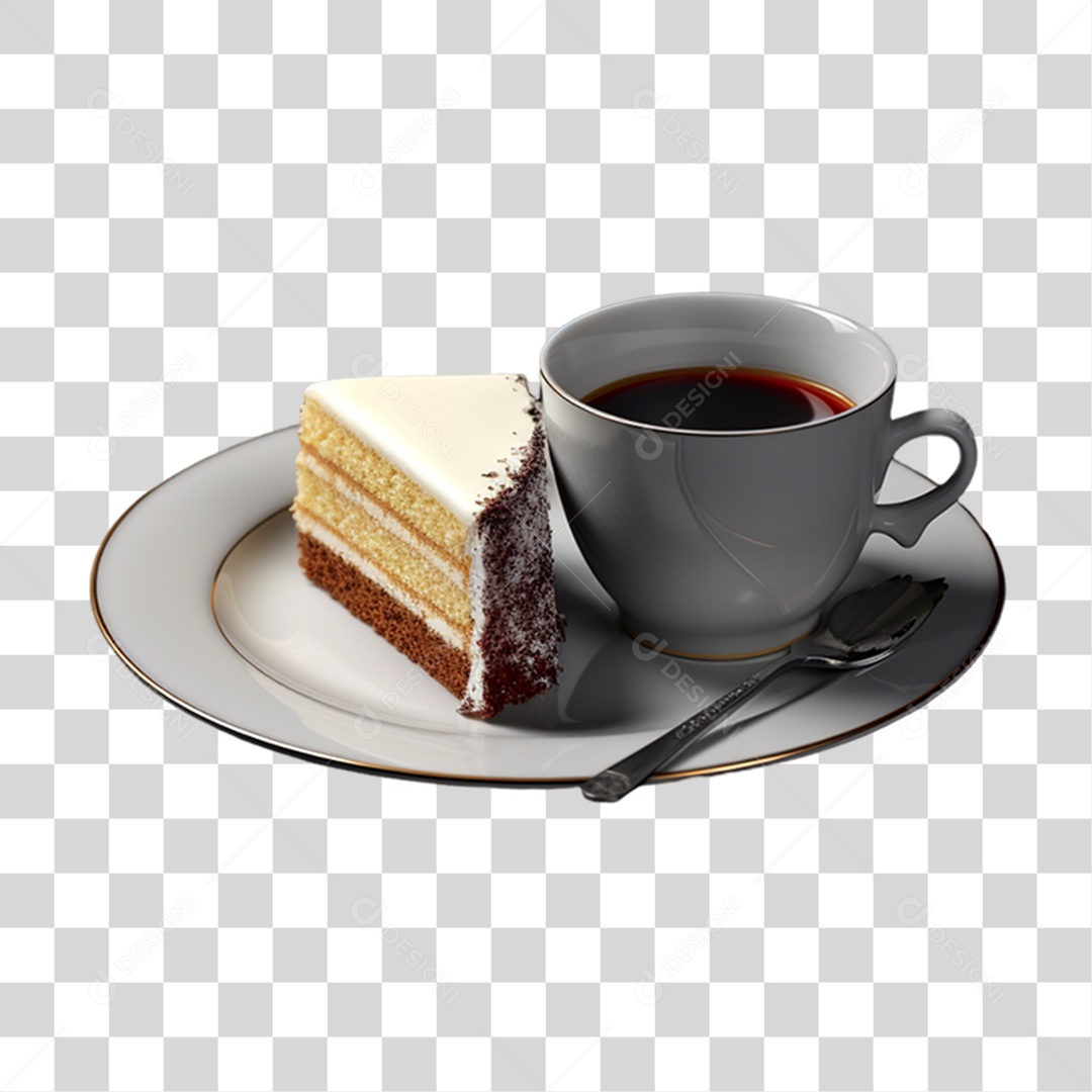 Café da Manhã Xícara com Pedaço de Bolo PNG Transparente