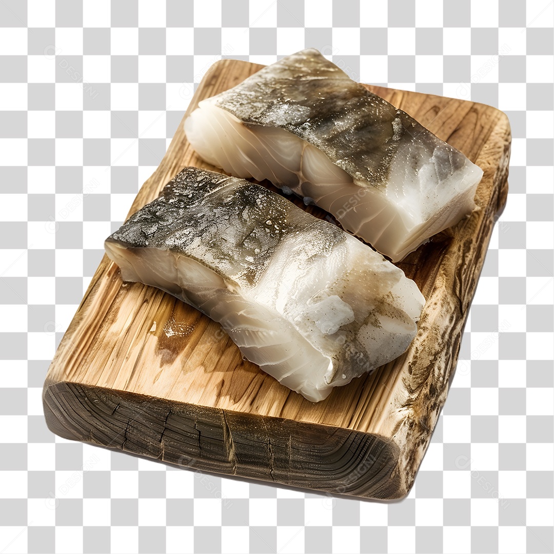 Pedaços de Bacalhau em Tábua de Madeira PNG Transparente